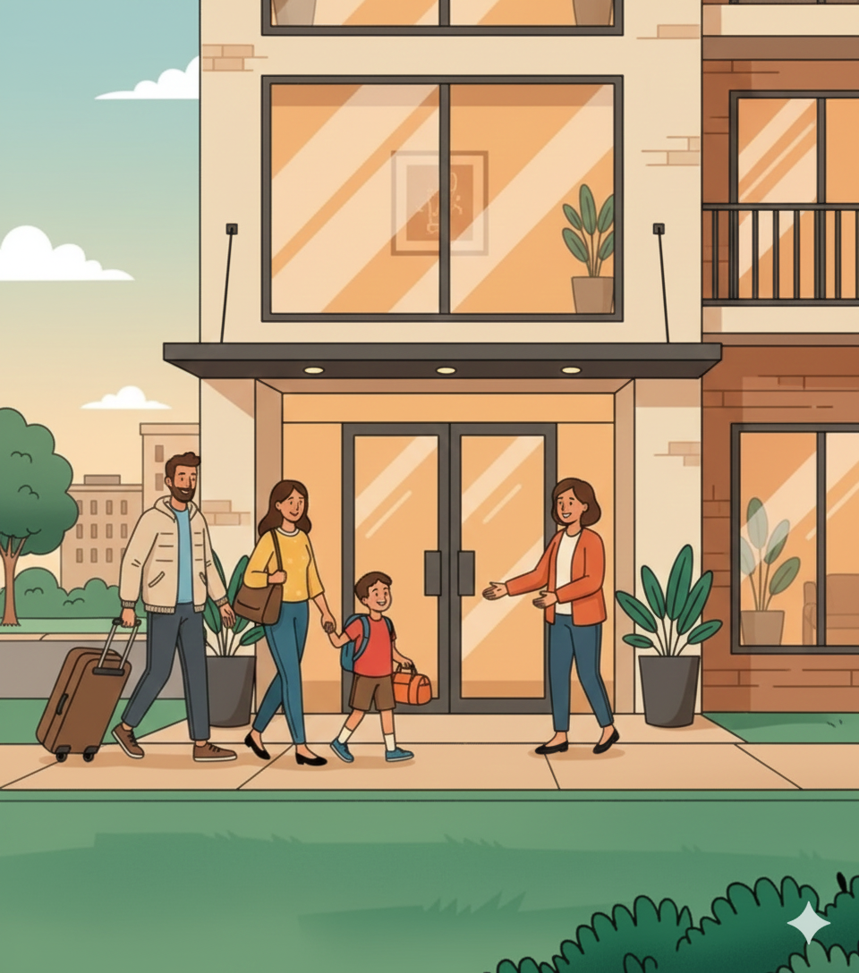 Family in park with buildings in background